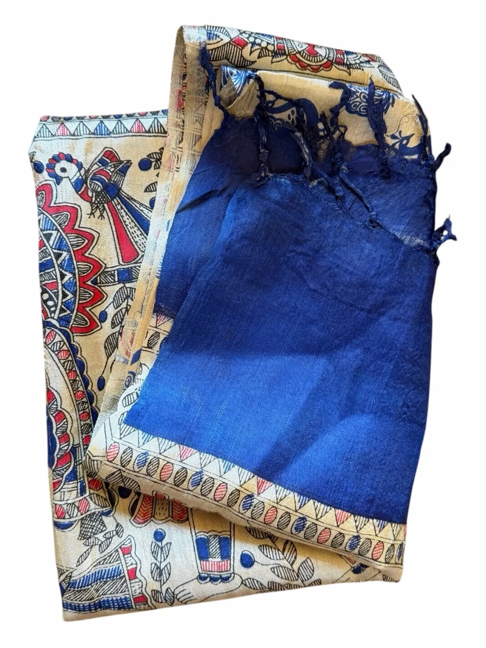 Indian Silk-Style Madhubani Folk Art Scarf Shawl Blue Gold 28x40